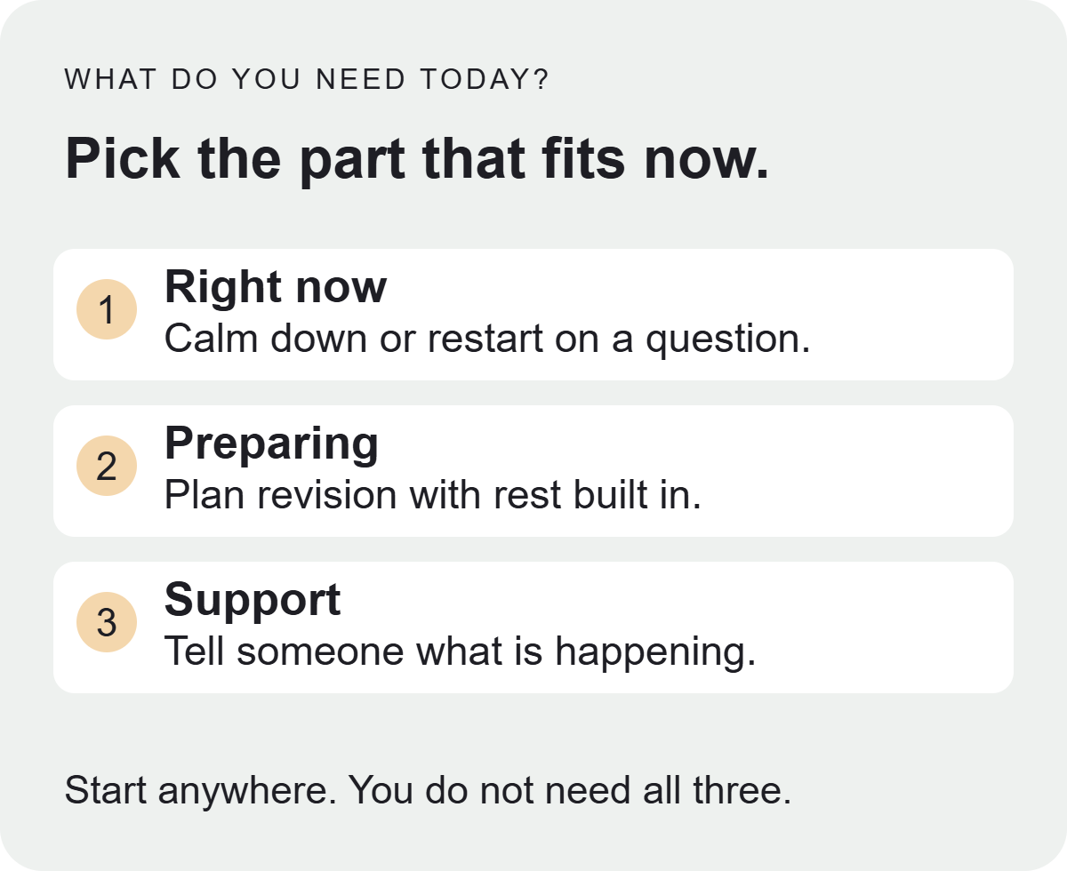 Three starting points: right now, calm down or restart on a question; preparing, plan revision with rest built in; support, tell someone what is happening.