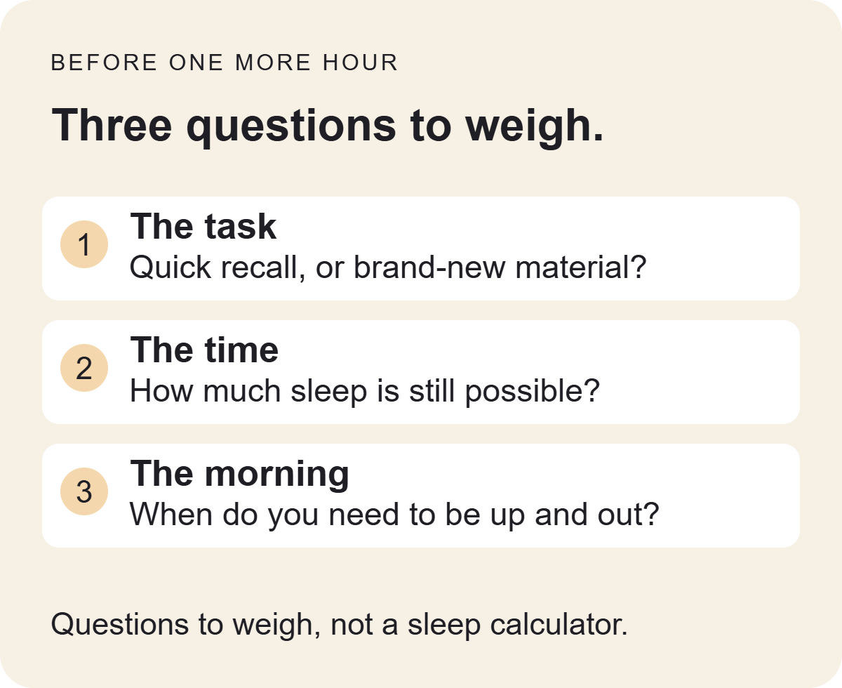 Three questions: the task, is it quick recall or brand-new material; the time, how much sleep is still possible; the morning, when do you need to be up and out.