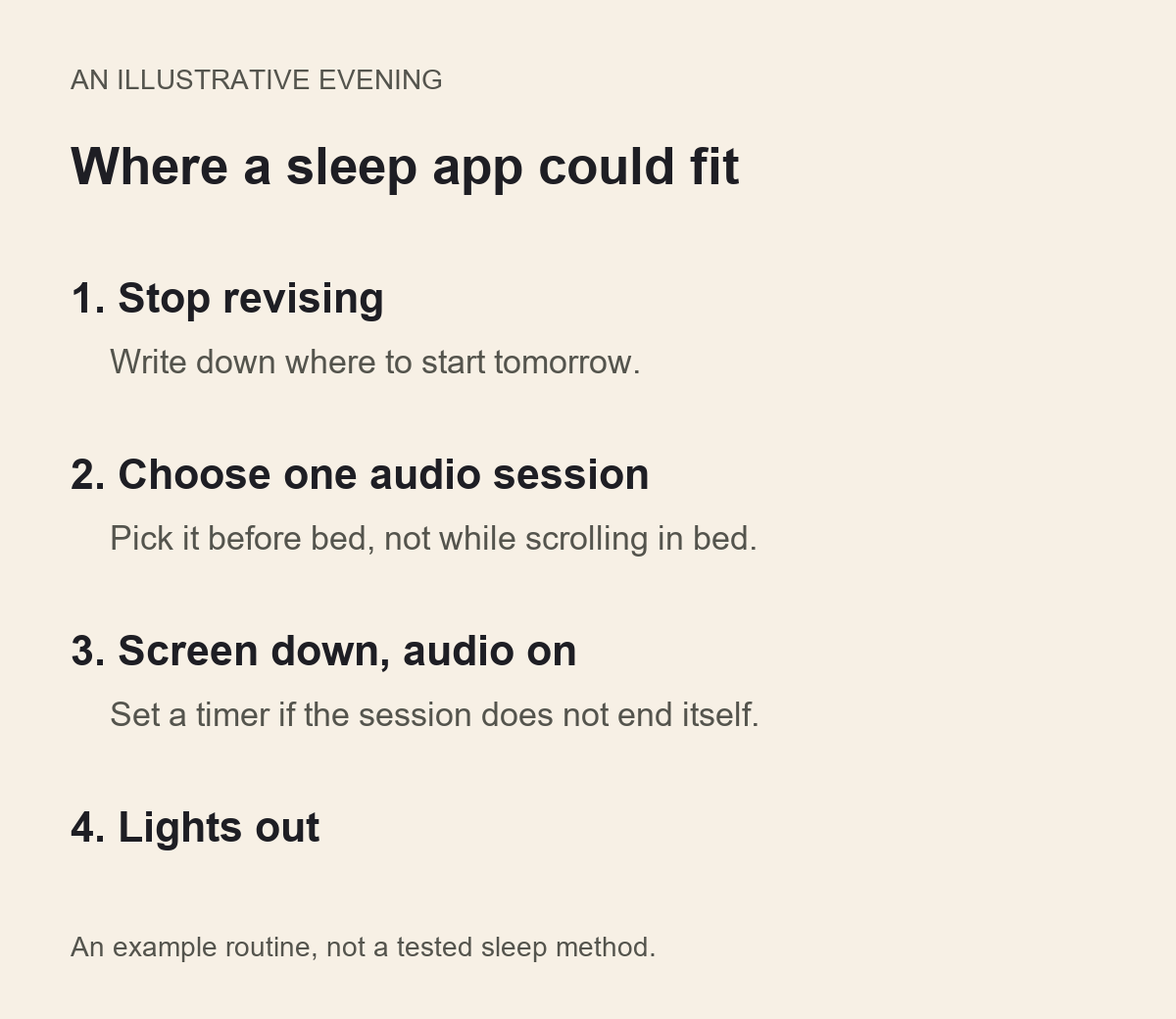 An example evening in four steps: stop revising and note where to start tomorrow, choose one audio session, put the screen down with the audio on, and lights out.