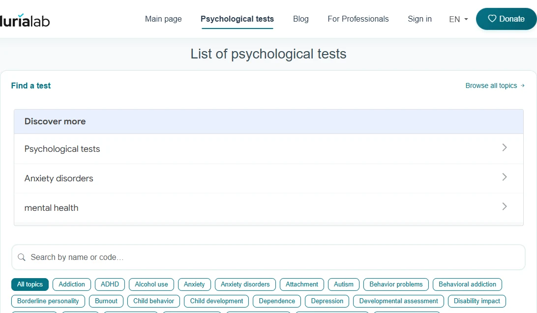 The LuriaLab list of psychological tests with topic filters.