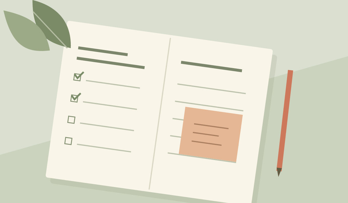An open paper planner with checkboxes and a pencil.
